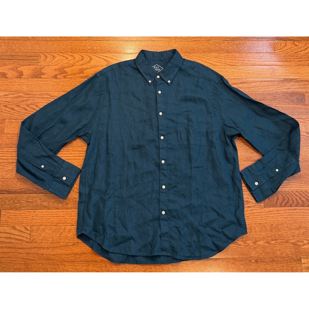 Alex Crane 100% Linen Button-Down Shirt Mens 2XL Teal Long Sleeve Casual Summer